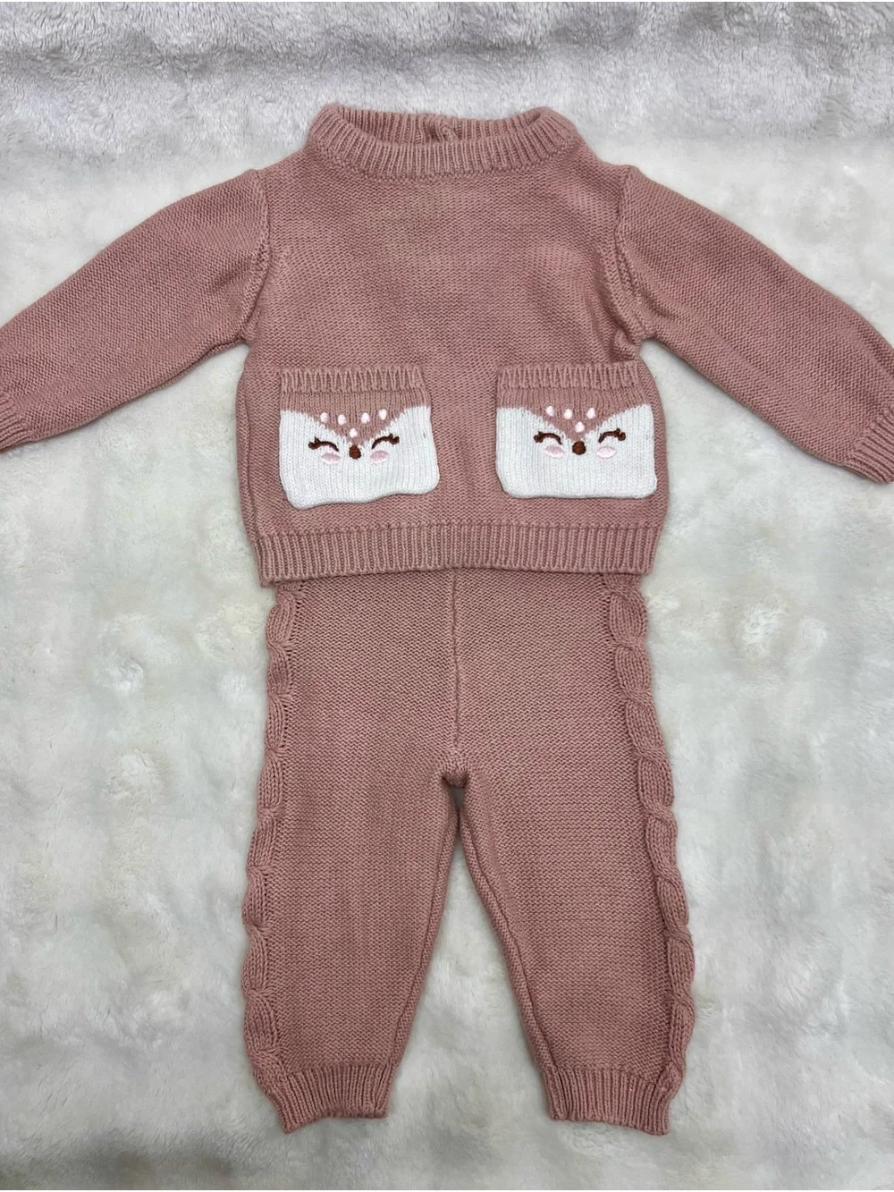 Little Lass Mauve Pink Knit Sweater Set with White Pocket Faces